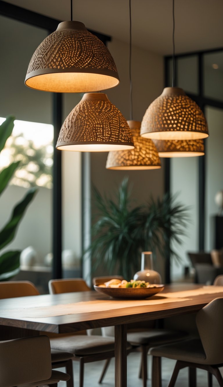 A textured dining room idea featuring perforated ceramic pendant lights above a walnut dining table with upholstered chairs, glass vase, and indoor greenery.