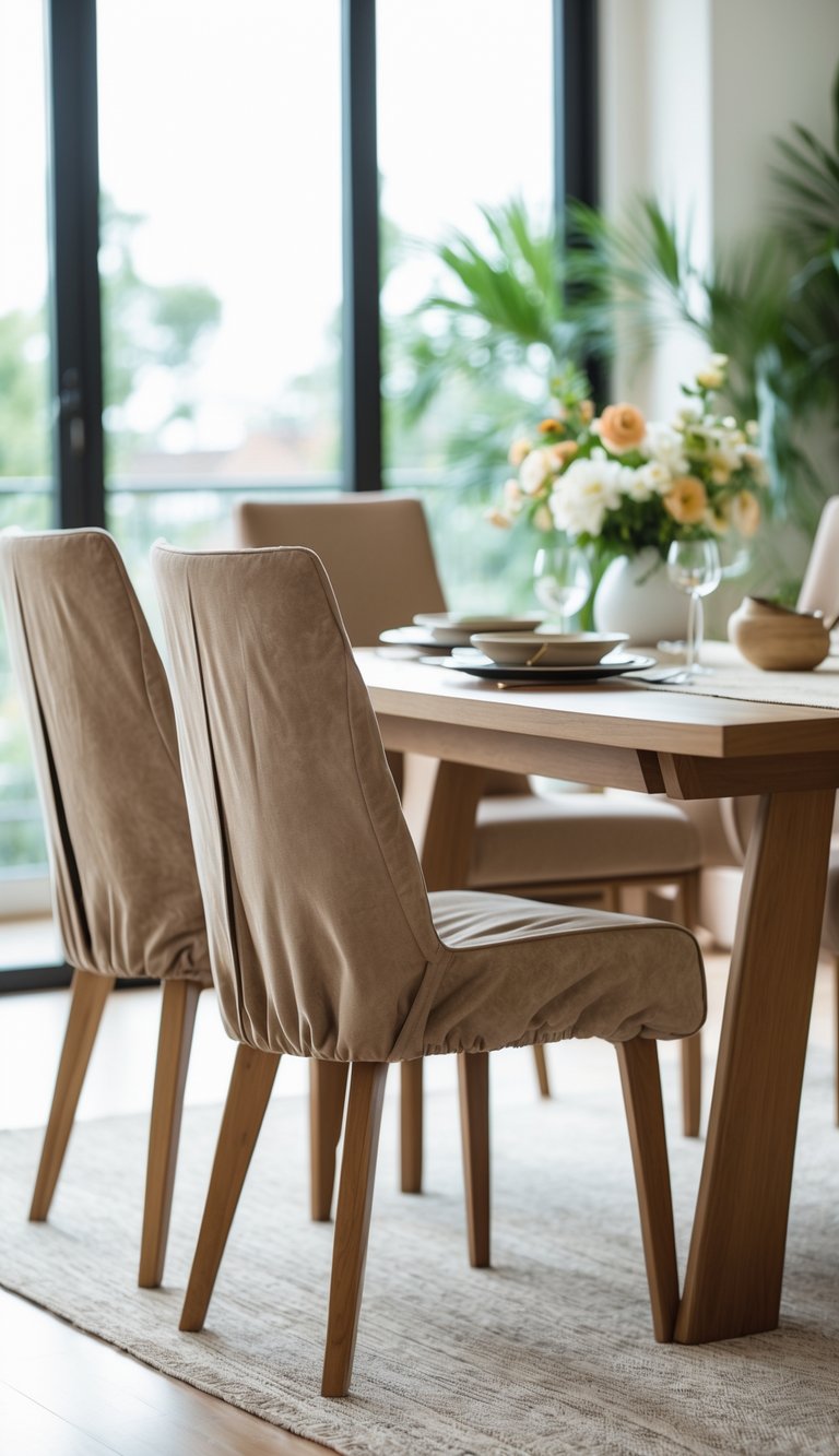A textured dining room idea with neutral linen chair covers, oak dining table, pale woven rug, matte dishware, glassware, and floral centerpiece by large windows.