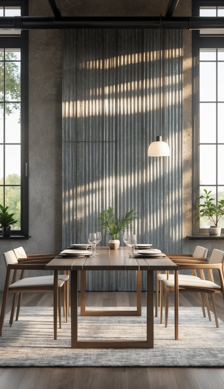 A textured dining room idea with corrugated metal wall panels, wood dining table, upholstered chairs, woven rug, and sunlight filtering through tall black-framed windows.