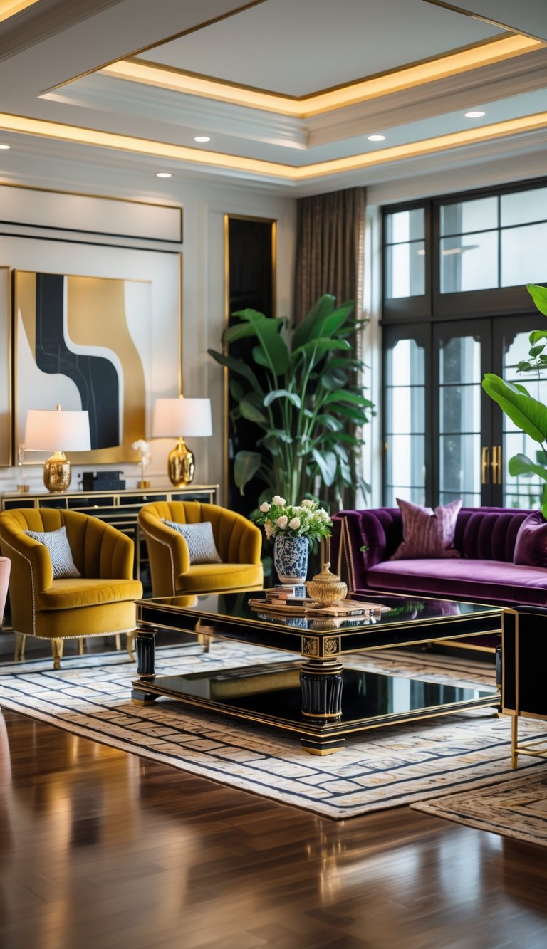 Vibrant art deco living room idea featuring a black lacquer and brass coffee table, mustard and plum velvet seating, geometric rug, and recessed ceiling lighting.