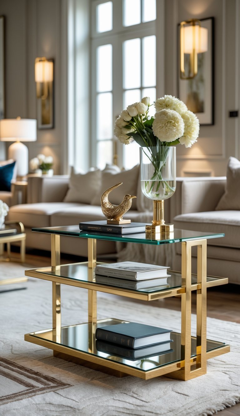Elegant art deco living room idea showcasing a three-tier brass and glass table with books, floral arrangement, and paneled walls.