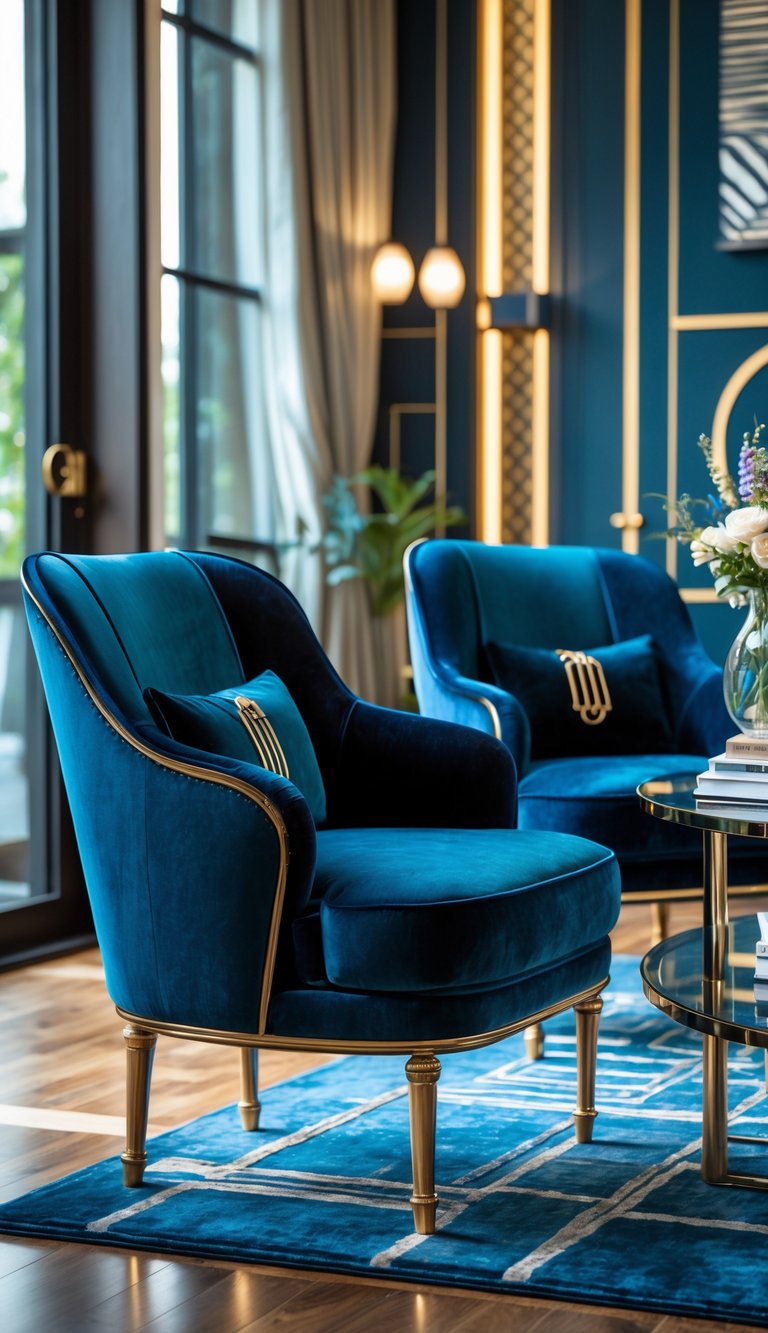 Sophisticated art deco living room idea with curved blue velvet chairs, brass piping, teal and gold paneled walls, and round glass side tables.
