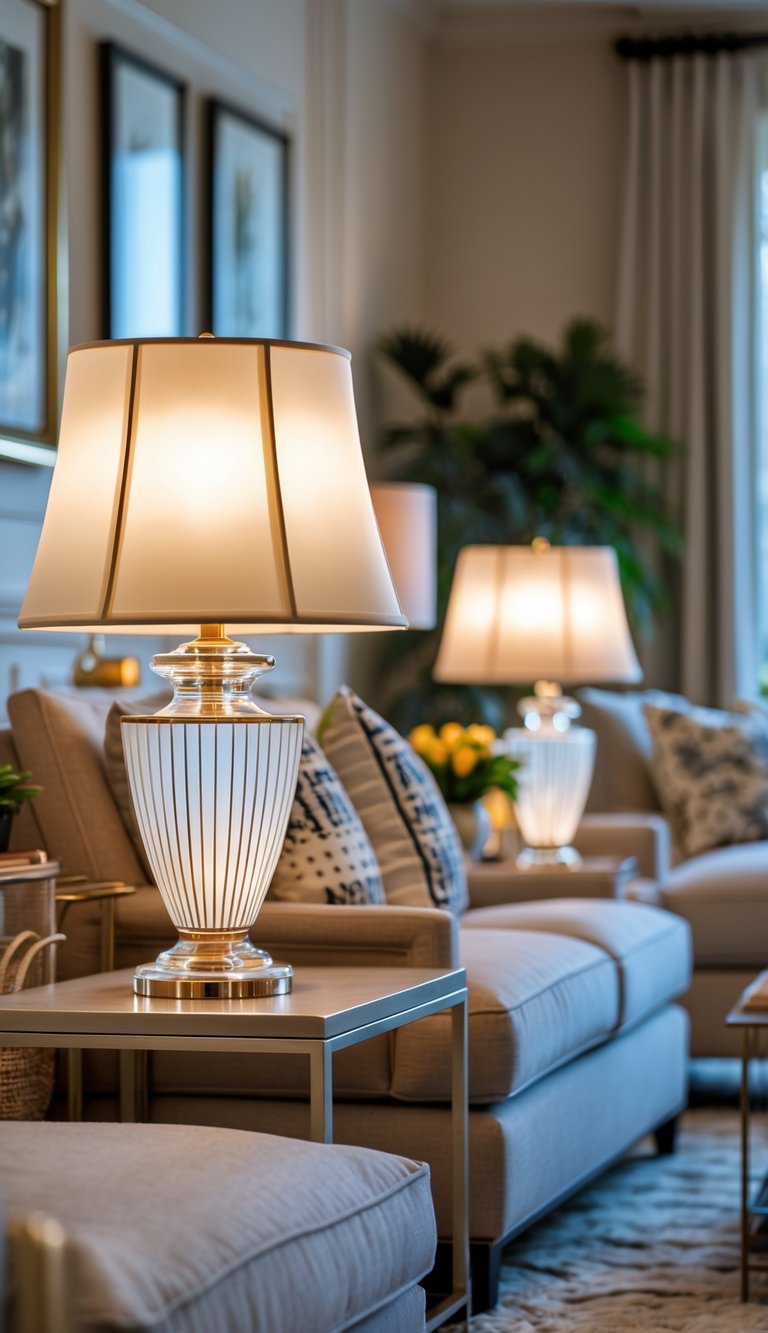 Refined art deco living room idea featuring fluted white ceramic table lamps with brass accents, beige sofa, and slim metal side table.