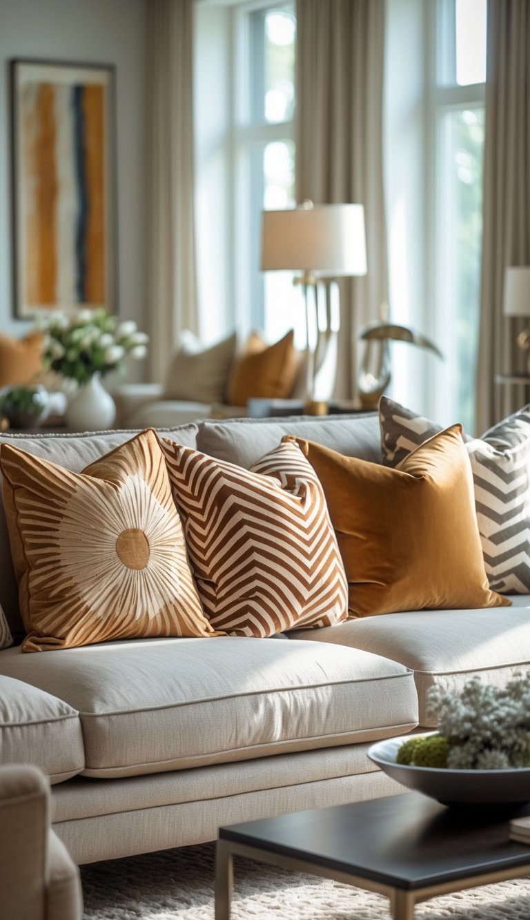 Sophisticated art deco living room idea showcasing cream sofa with zigzag and sunburst embroidered pillows in caramel tones and neutral decor.