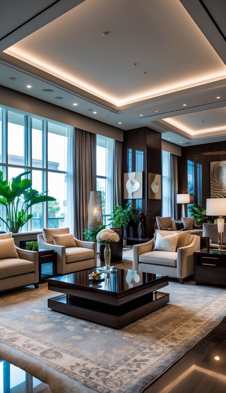 Modern art deco living room idea featuring tiered dark wood coffee table, beige armchairs, tray ceiling lighting, and walnut paneled walls.