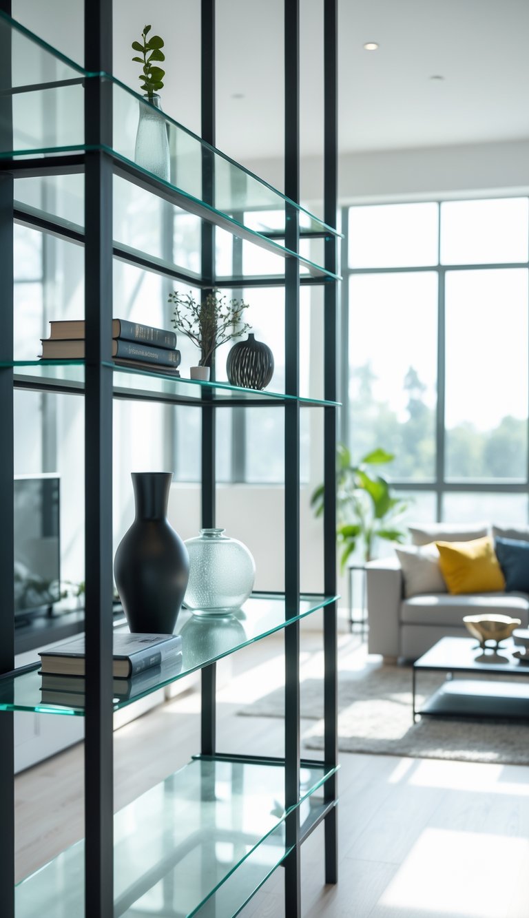 Contemporary art deco living room idea with black steel framed glass shelves, decorative objects, large windows, and neutral sofa.