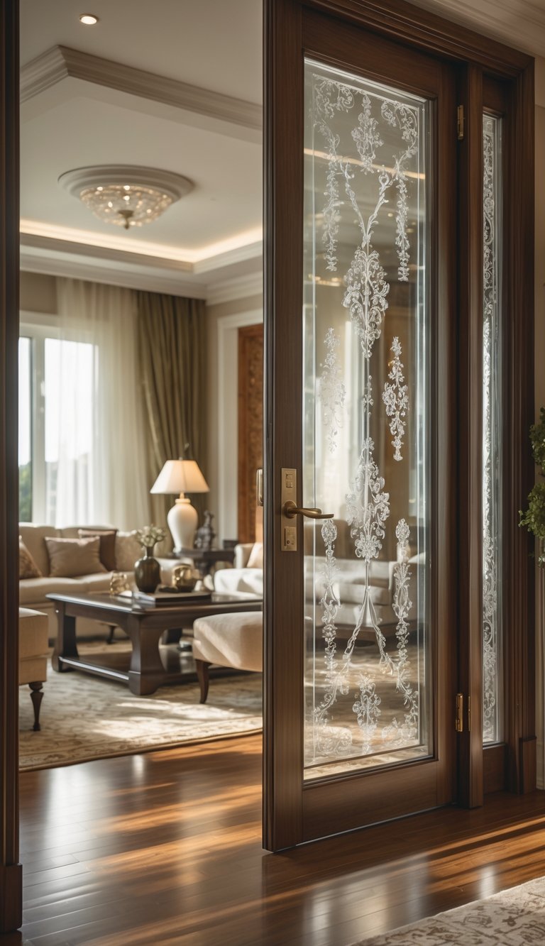 Refined art deco living room idea with decorative etched glass door, dark wood trim, polished hardwood floors, and neutral classic furnishings.