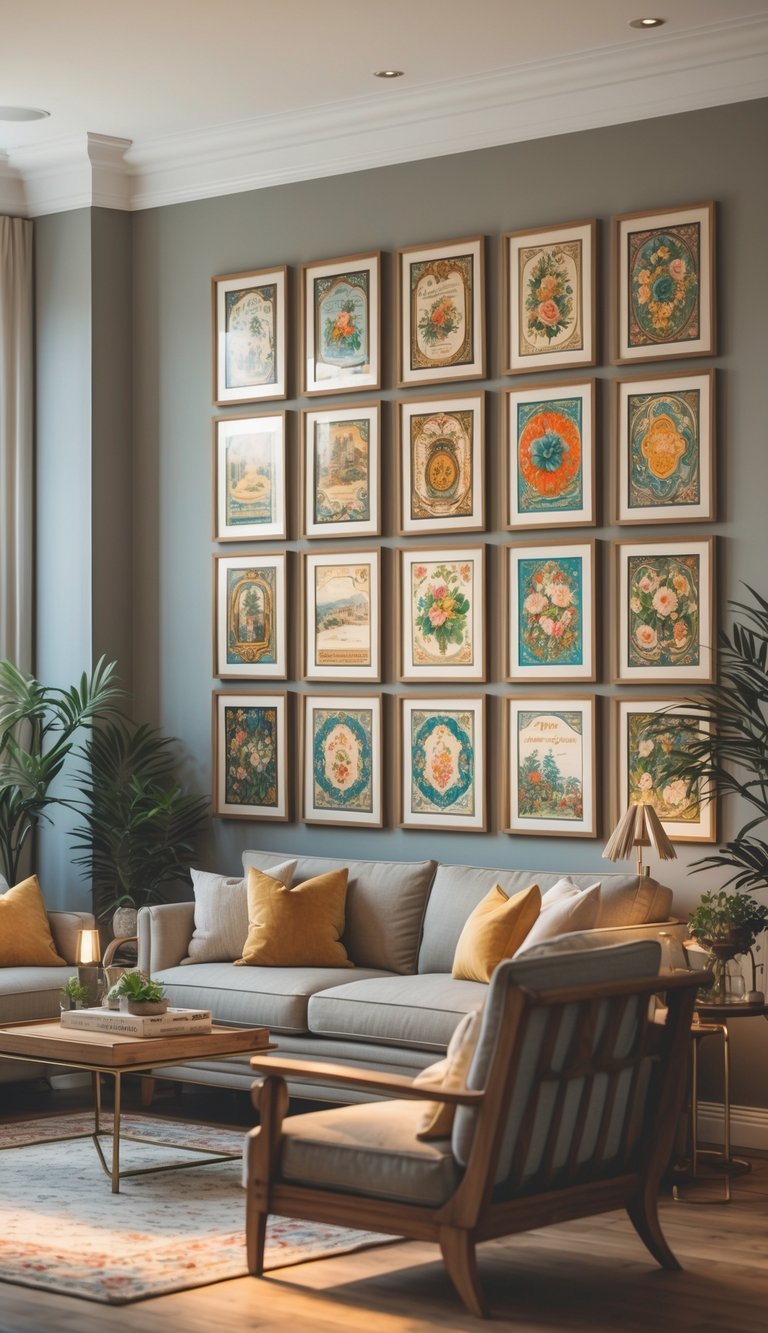 Refined art deco living room idea featuring symmetrical gallery wall of framed prints, beige sofa, mustard cushions, and brass coffee table.