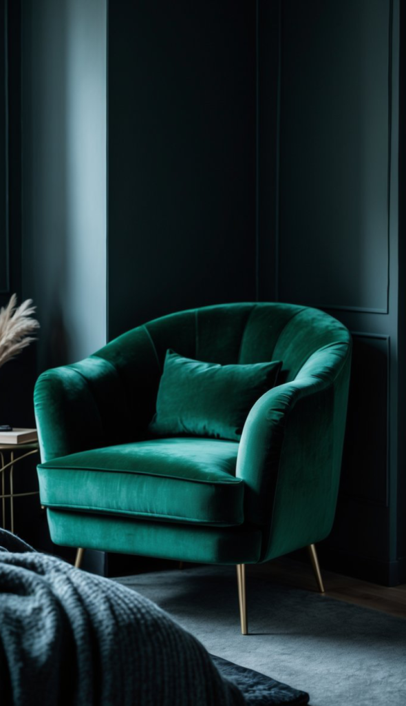A stylish green velvet armchair with a matching cushion sits against a dark wall, accompanied by a cozy gray blanket and a modern side table in the foreground.