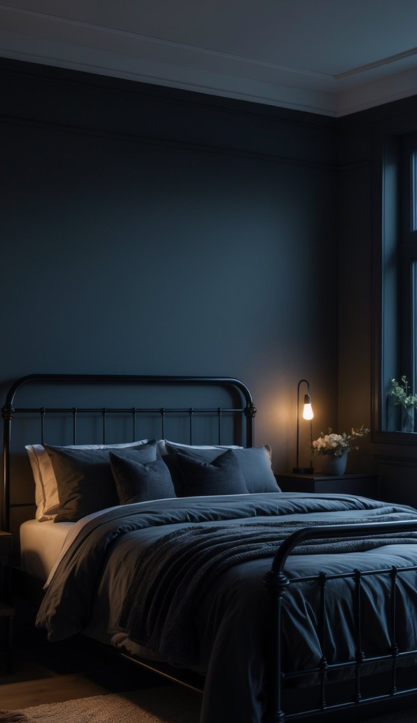 A modern bedroom featuring a black metal bed frame with gray bedding and decorative pillows, dimly lit by a standing lamp with a warm glow, against dark blue walls and a window with soft curtain drapes, alongside a small table with a vase of flowers.