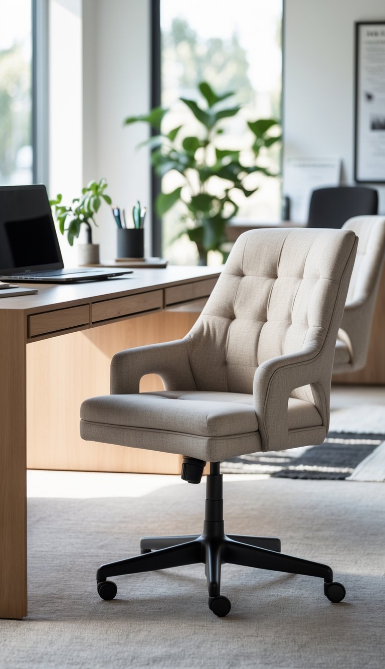 Front-facing view of a beige tufted linen office chair on a black metal base positioned beside a light oak desk with drawers, laptop, and greenery near tall black-framed windows.