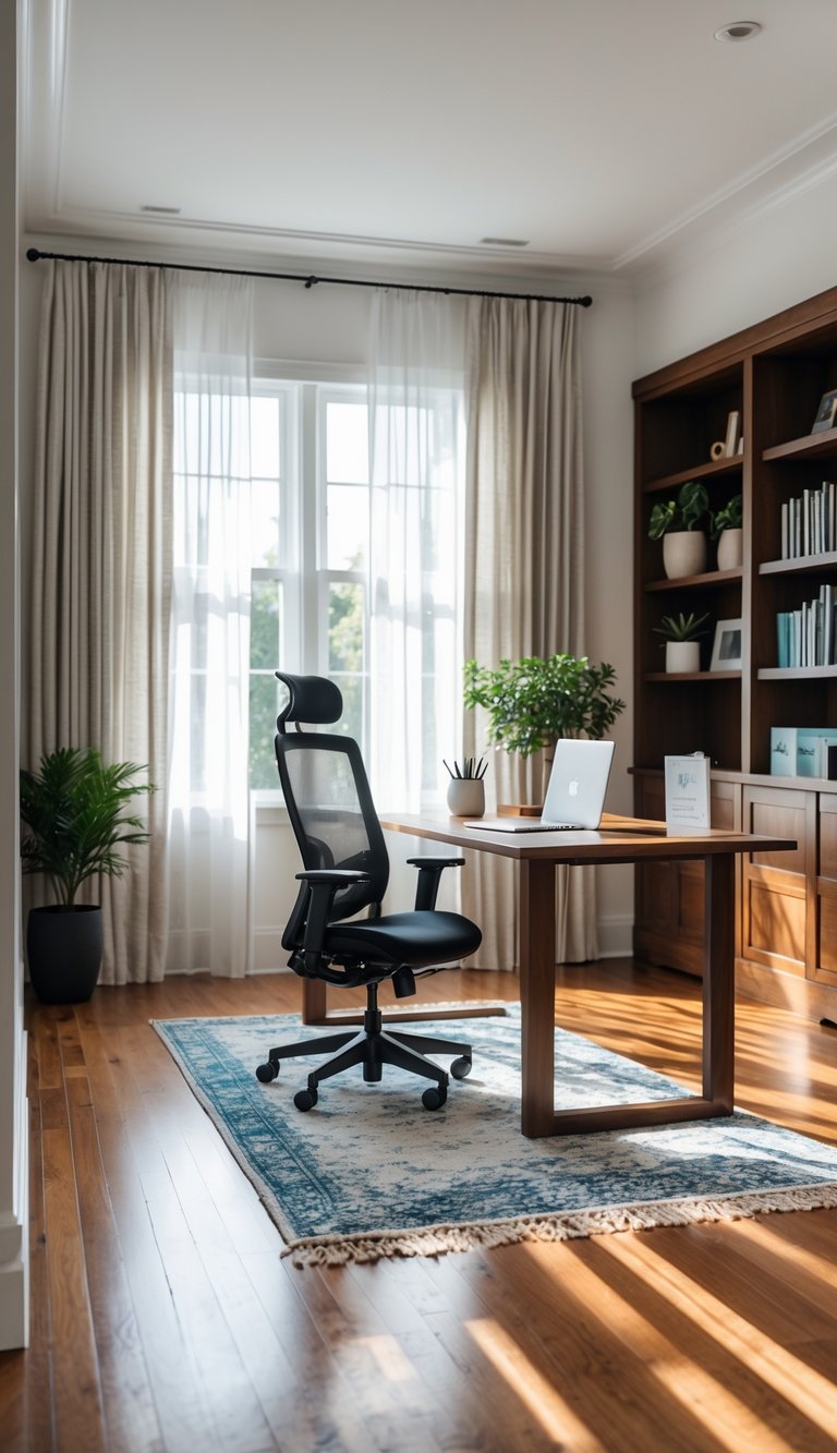 Transitional home office idea showcasing walnut desk, black ergonomic chair, tall built-in bookcase, layered linen drapery, and blue patterned rug on hardwood floors.