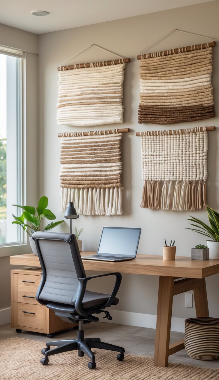Modern transitional home office idea featuring oak writing desk, gray office chair, neutral woven wall hangings, indoor plants, and textured natural rug.