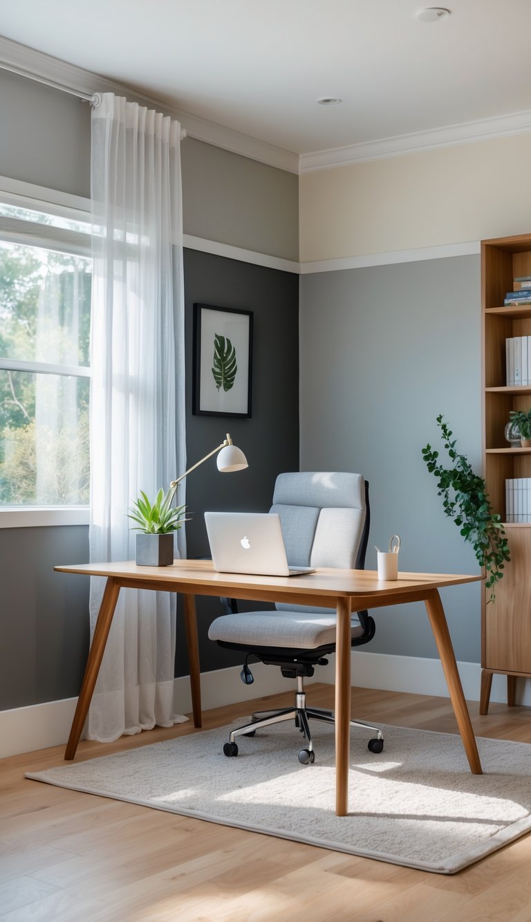 Transitional home office idea with two-tone gray wall, wood desk with angled legs, gray ergonomic office chair, sheer curtains, botanical wall art, and small potted plants.
