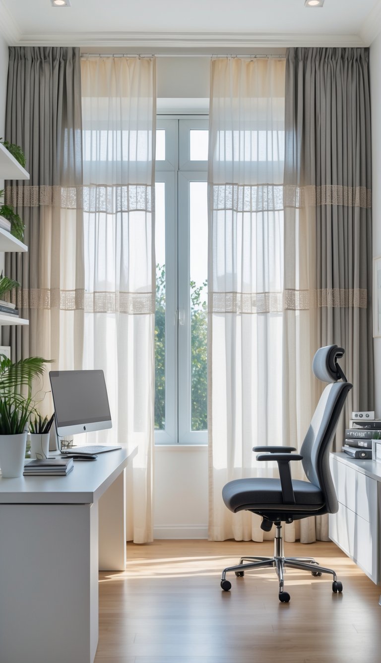 Modern home office featuring ceiling-height sheer curtains, white desk, ergonomic swivel chair, built-in cabinets, floating shelves, and bright window light.