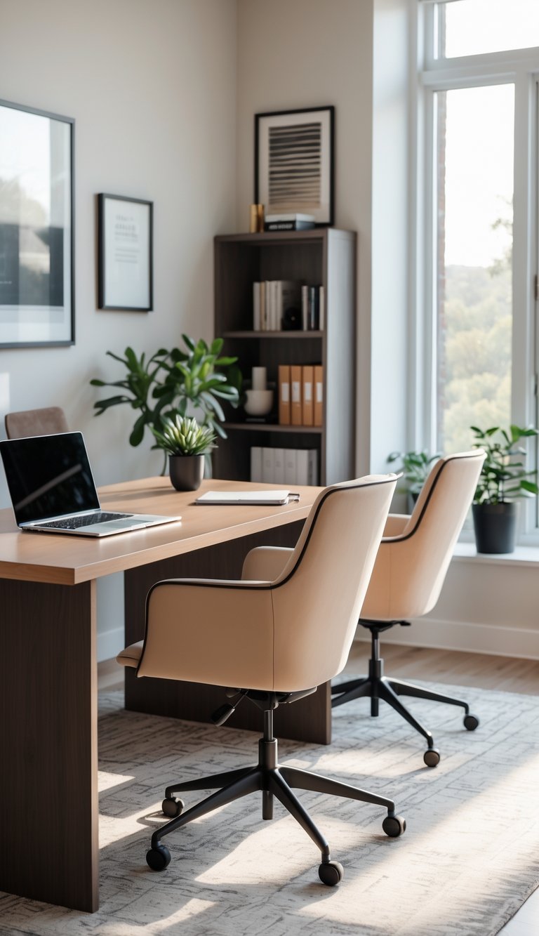 Transitional home office idea with walnut wood desk, two cream upholstered swivel chairs, laptop workspace, tall window, area rug, and dark wood bookcase with plants.