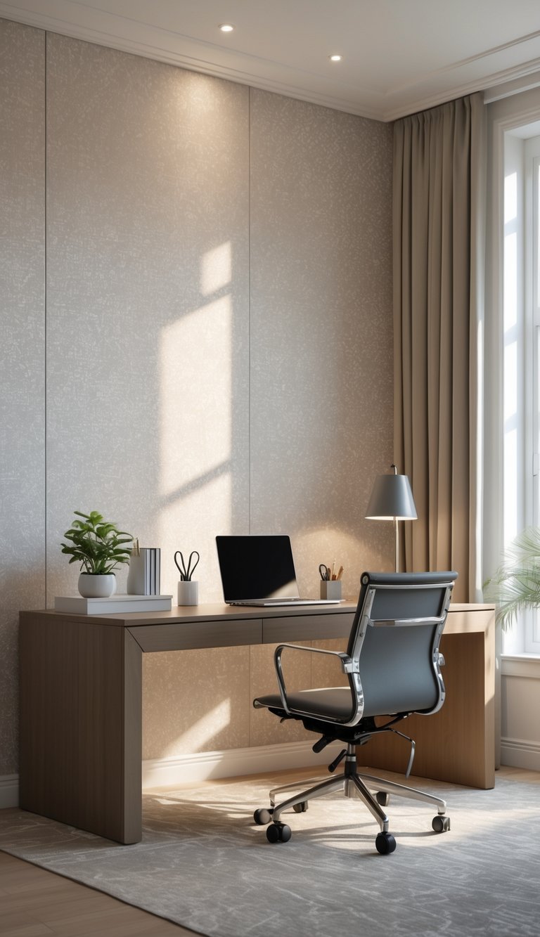 Transitional home office idea with walnut desk, gray ergonomic office chair with chrome frame, textured taupe wall panels, laptop workspace, and neutral area rug.