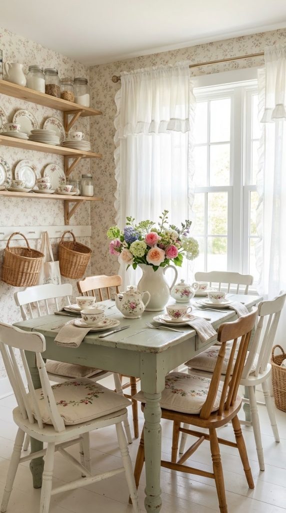 Sage painted table in a vintage dining room idea featuring botanical wallpaper, porcelain plates, wicker baskets, and mixed wood chairs.