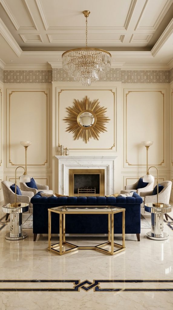 Sophisticated art deco living room idea with marble fireplace and brass surround, sunburst mirror, navy tufted sofa, and mirrored side tables on marble floor.