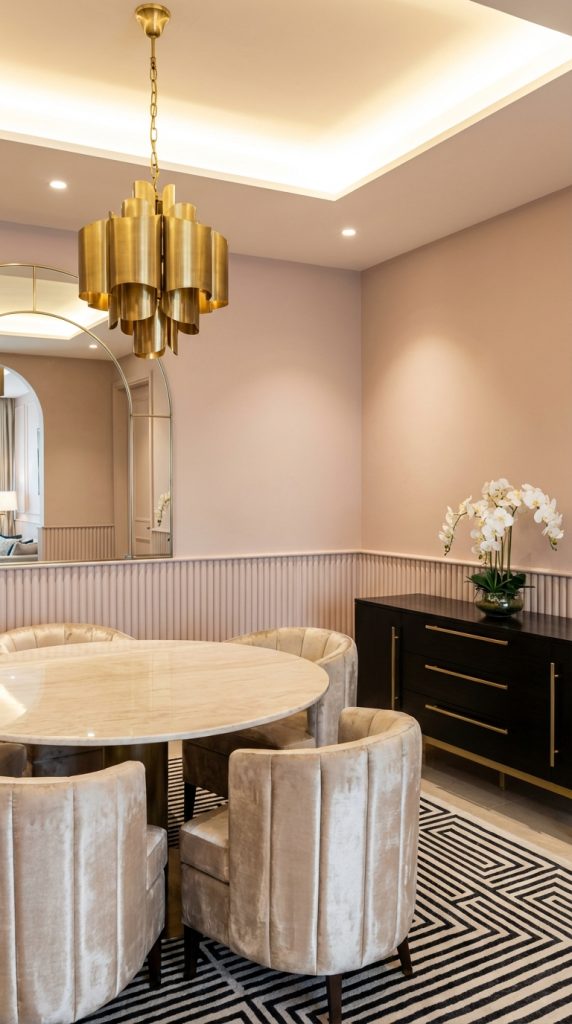 A modern dining area featuring a round marble table surrounded by plush beige velvet chairs, with a gold chandelier overhead. A large mirror is mounted on the wall, reflecting a soft pink hue, while a stylish sideboard with gold handles holds a decorative arrangement of white orchids.