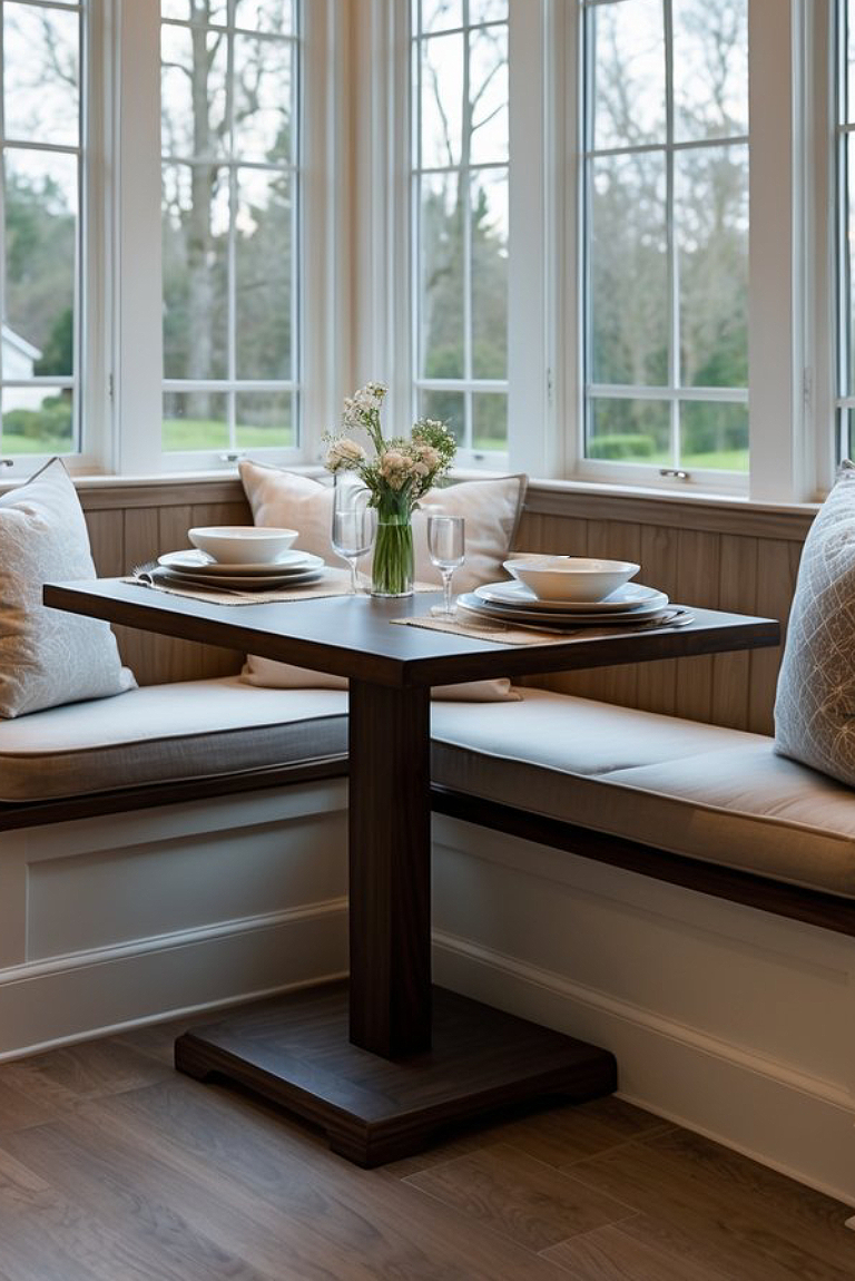 A cozy dining nook features a square wooden table with setting of white plates and glasses, surrounded by cushioned seating, and a vase of flowers in the center, illuminated by large windows.