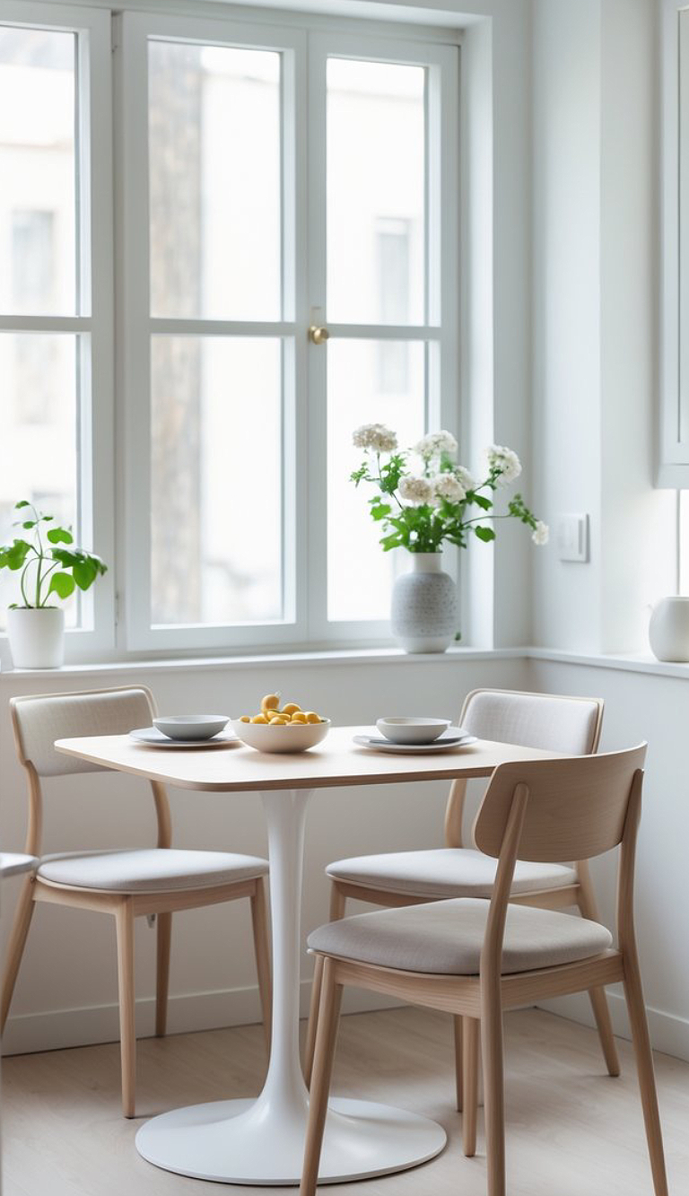 A modern dining area featuring a small white table with a bowl of lemons and two white plates. Three wooden chairs with soft cushions surround the table, and a bright window with potted plants and a vase of white flowers is visible in the background.