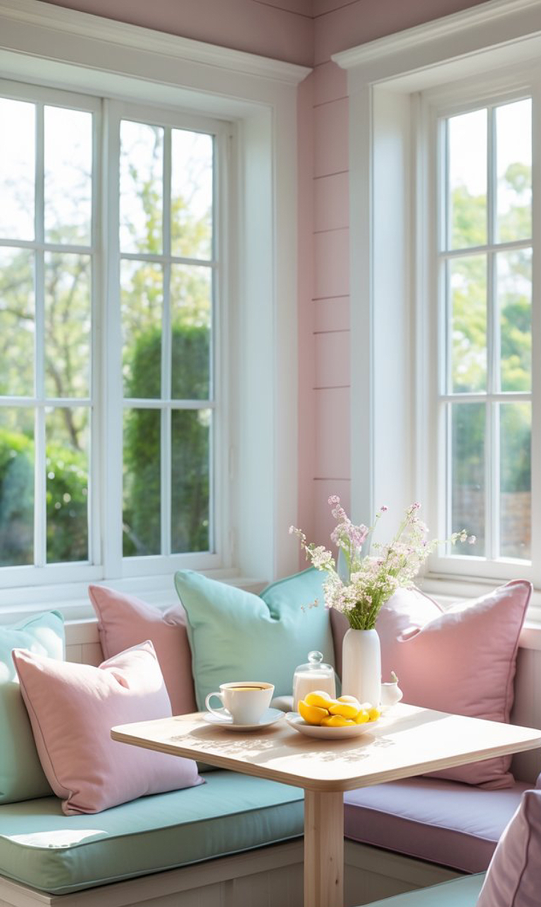 A cozy corner of a room with large windows, featuring a light wooden table with a cup of coffee and a plate of lemons, surrounded by soft pastel-colored cushions in pink and mint green.