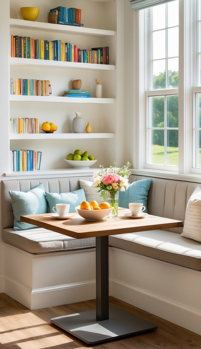 A cozy breakfast nook featuring a wooden table with a bowl of oranges and a vase of flowers, surrounded by cushioned seating with light blue pillows. In the background, there are shelves filled with colorful books and decorative items, with large windows allowing natural light to fill the space.