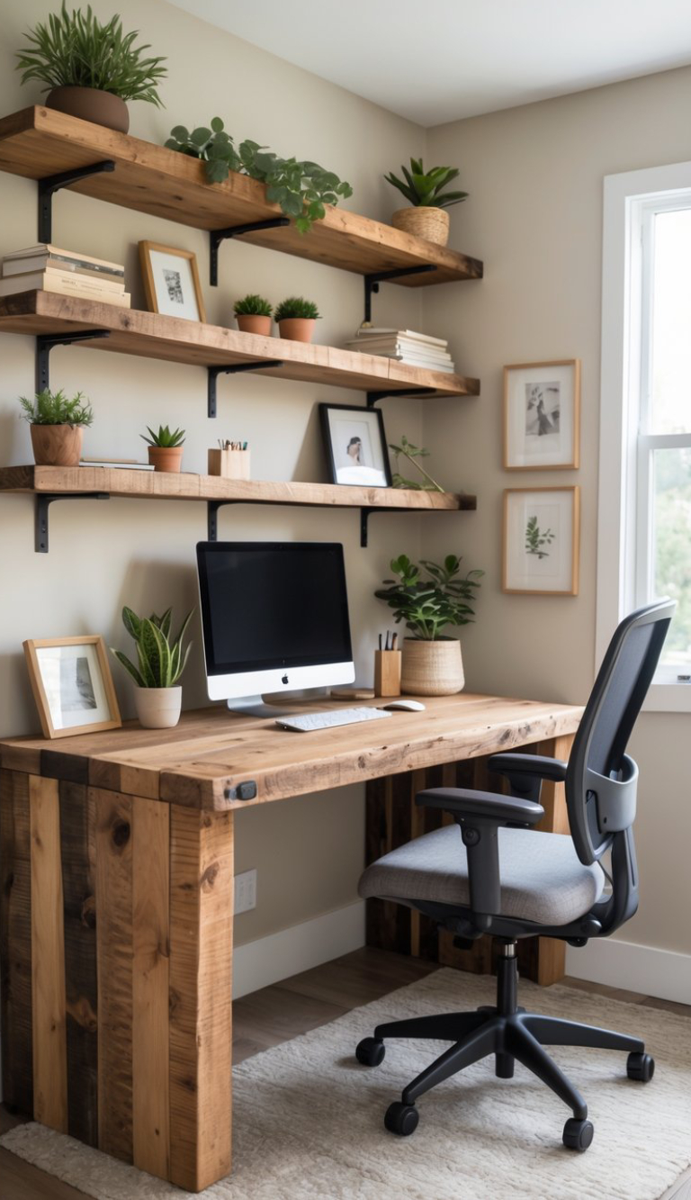 A modern workspace featuring a wooden desk with an Apple computer, a gray office chair, and several potted plants on shelves above, complemented by framed pictures on the wall.