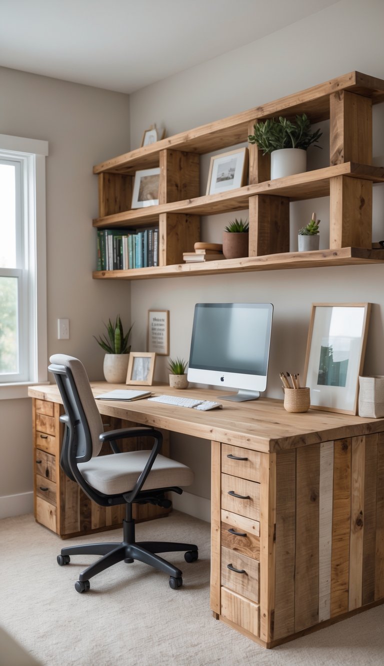 A cozy home office featuring a wooden desk with a computer, a comfortable chair, and shelves filled with books and plants. The desk is made of light-colored wood, with several drawers on the side, and a large window allowing natural light to illuminate the space.