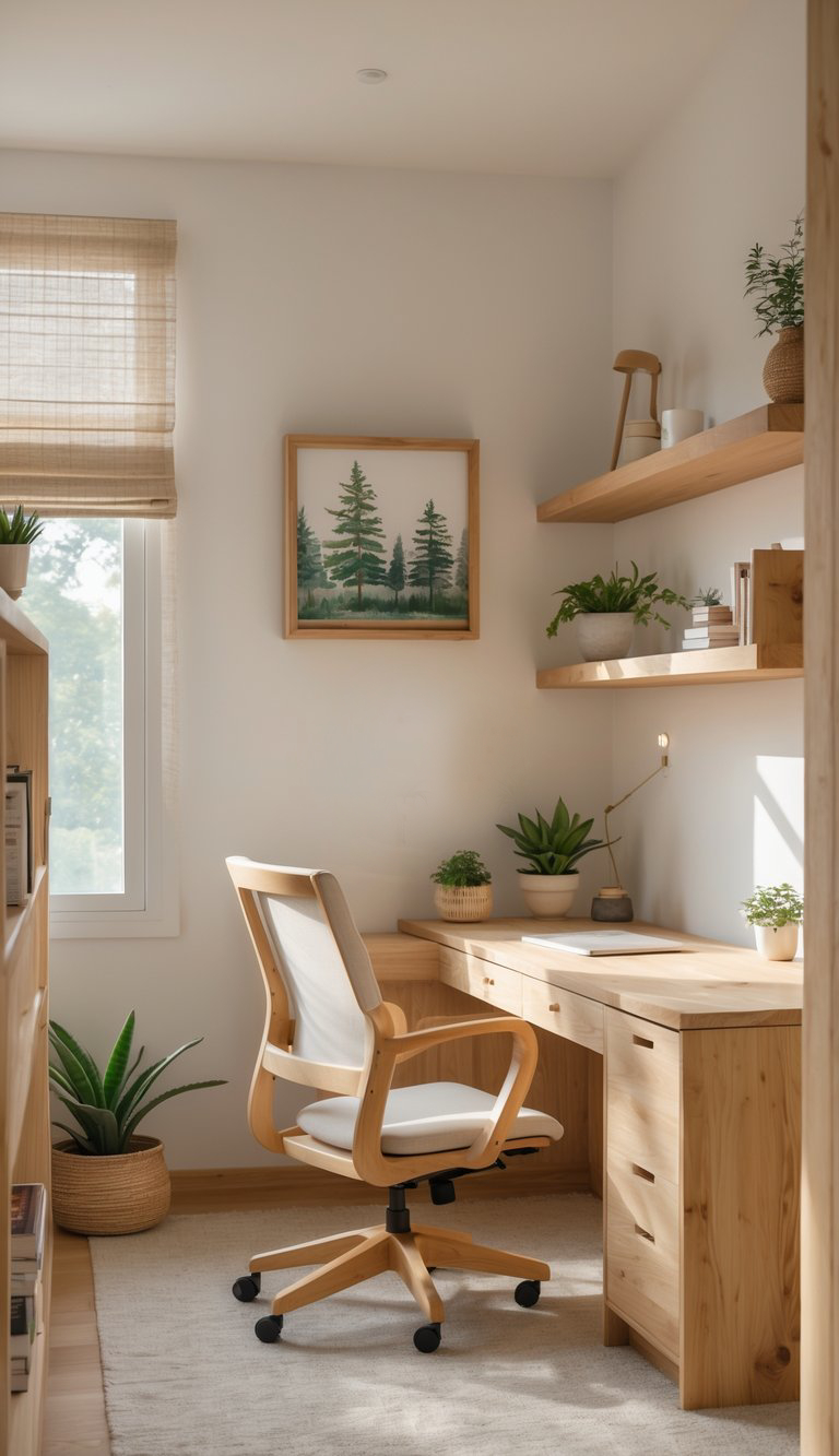 A bright and minimalistic home office featuring a wooden desk and a white ergonomic chair. Shelves above hold plants and books, while a framed watercolor of pine trees hangs on the wall. Natural light filters through a window with a woven shade.