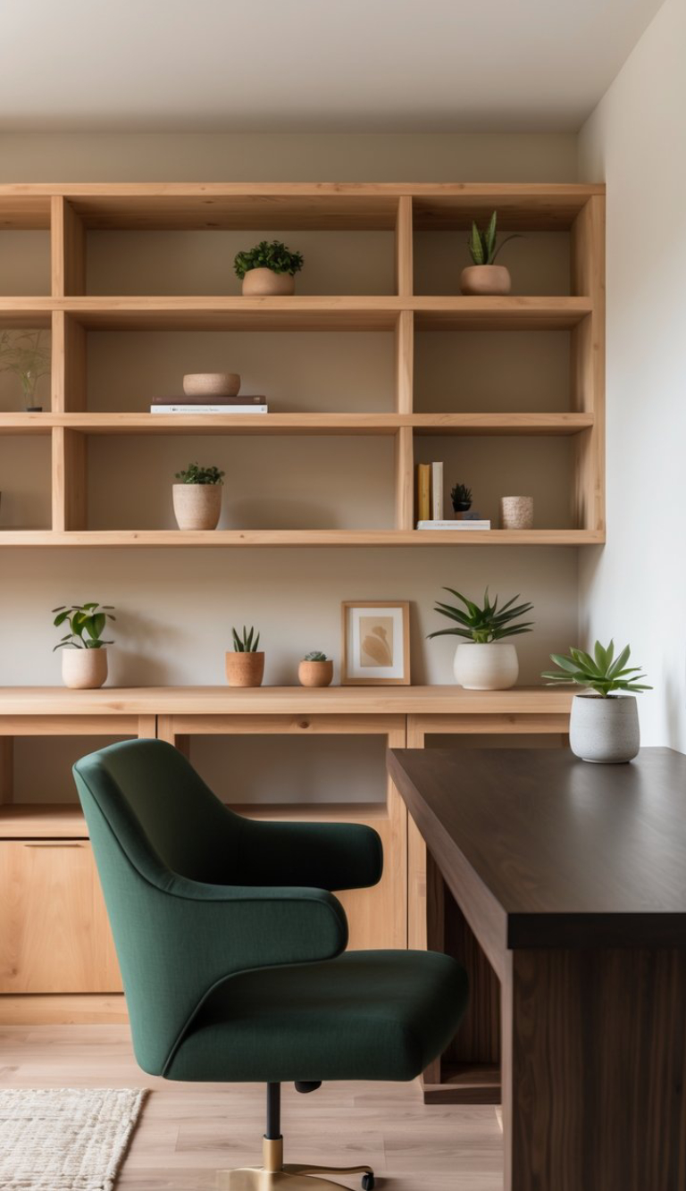 A modern home office featuring a dark wooden desk and a plush green chair. Behind the chair, there is a light wooden shelving unit filled with various potted plants and a few books, complemented by a framed artwork.
