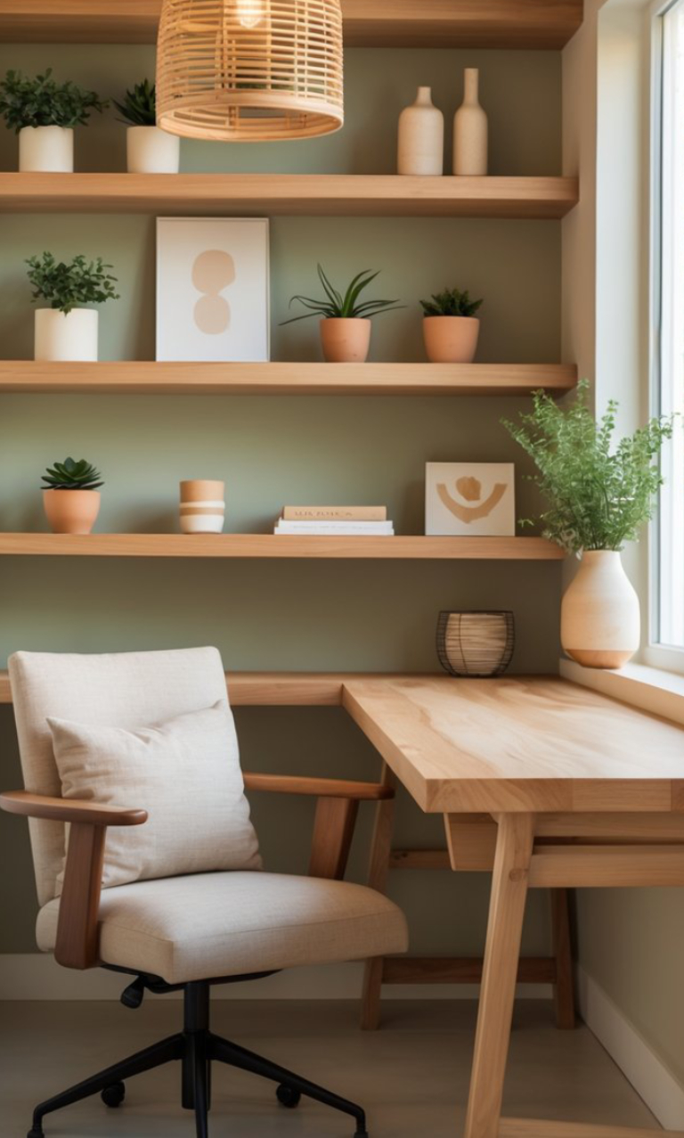 A cozy home office featuring a wooden desk with a comfortable chair, flanked by shelves filled with potted plants and decorative items in neutral tones, under a woven pendant light.
