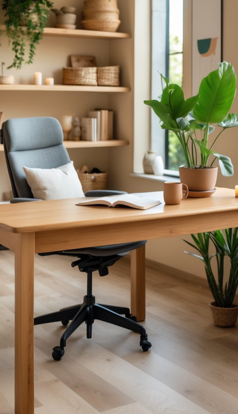 A modern home office featuring a wooden desk with an open book, a mug, and a potted plant, accompanied by a comfortable gray office chair near a window, with shelves filled with decorative baskets and books in the background.