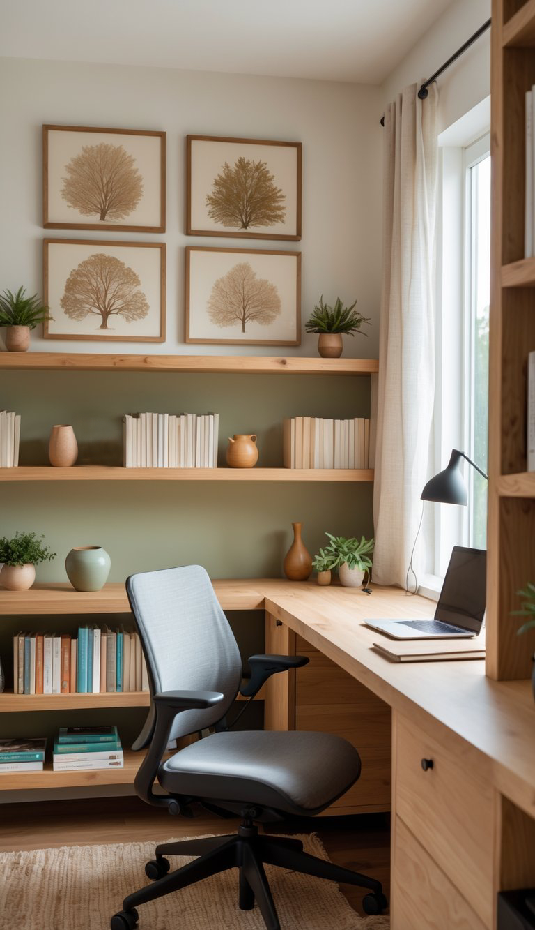 A cozy home office featuring a wooden desk with a laptop and a few books, a comfortable gray office chair, and a light-colored rug. The walls are adorned with four botanical prints of trees, and there are several potted plants on the shelves, enhancing the serene atmosphere.