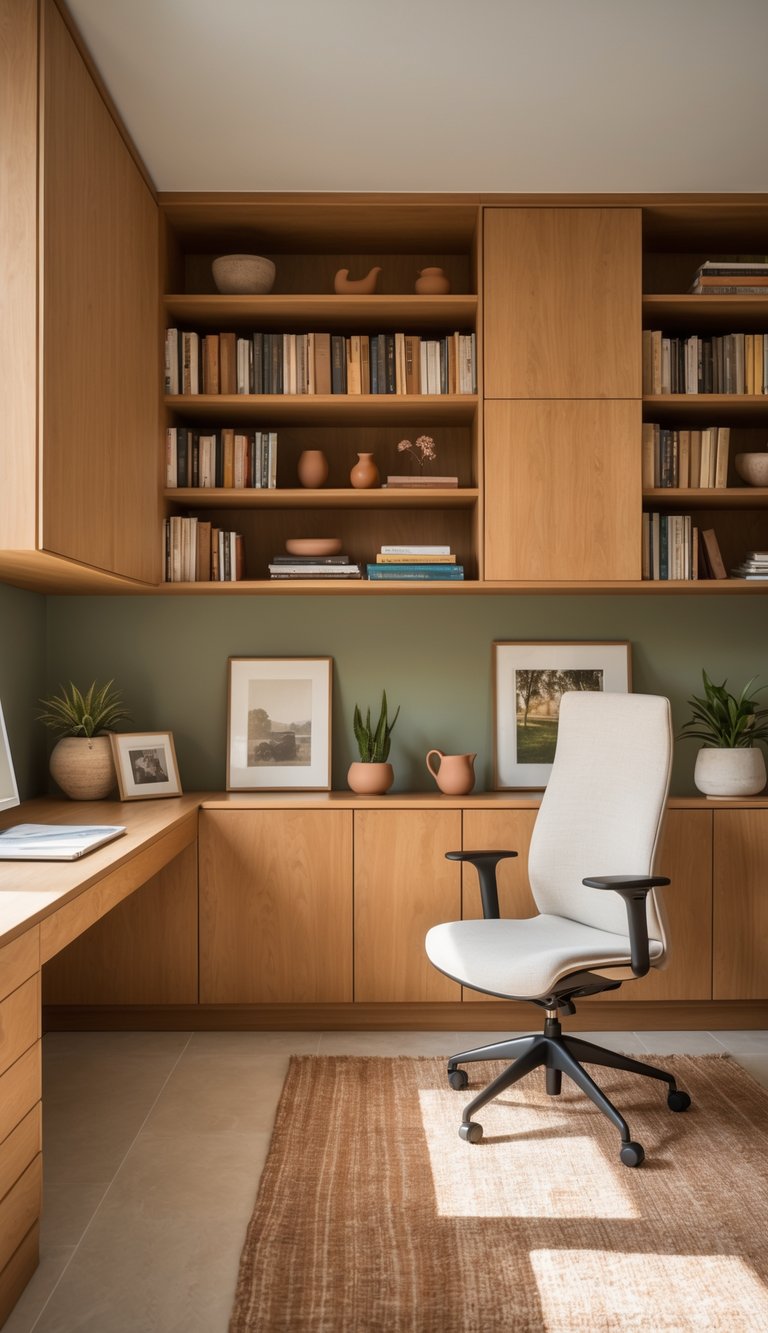 A modern home office featuring a wooden bookshelf filled with books and decorative items, a light-colored ergonomic office chair facing a sleek desk with a notebook on it, and two framed photographs displayed on the wall, complemented by potted plants and a textured brown rug on the floor.