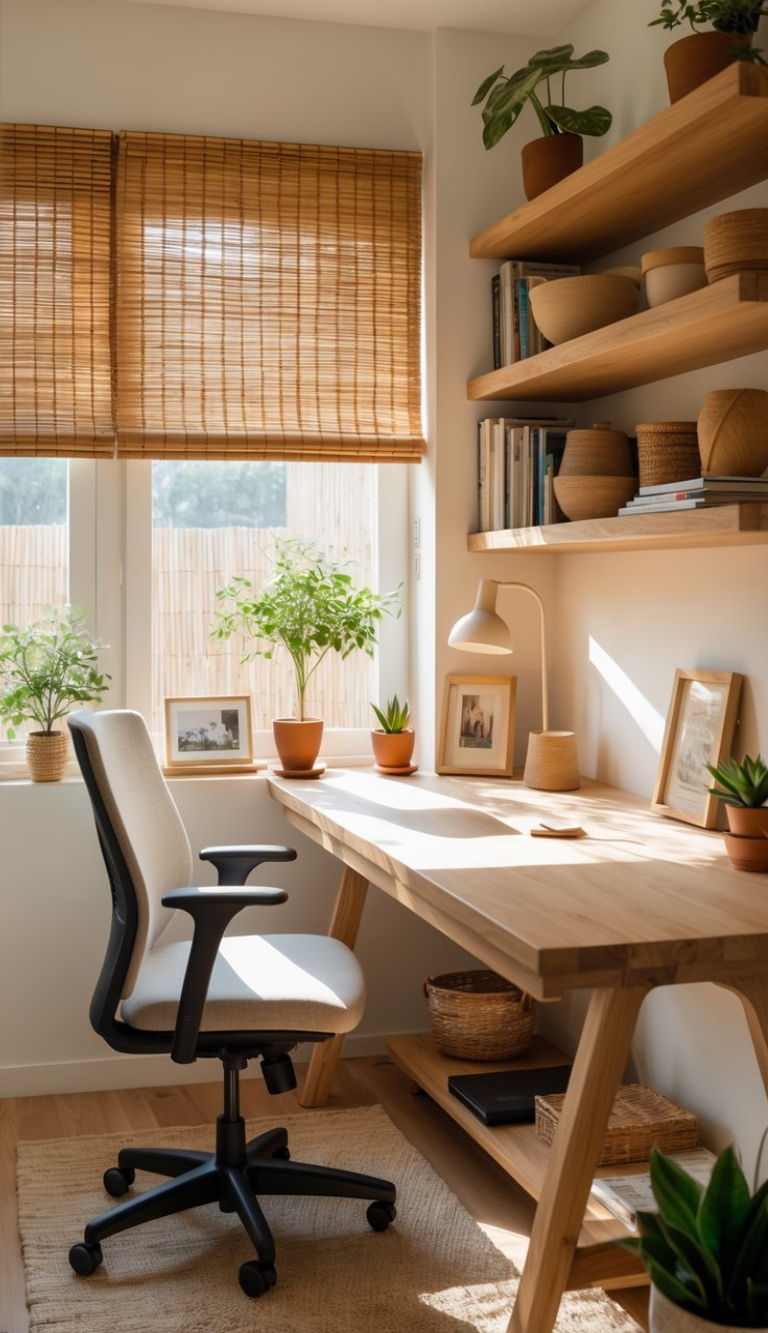 A cozy workspace featuring a wooden desk and a modern office chair, with a window adorned by bamboo blinds letting in natural light. Plants in pots are on the desk and window sill, complemented by shelves holding books and decorative baskets.
