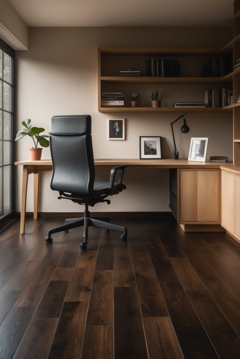 A modern home office featuring a black ergonomic chair facing a wooden desk, with a potted plant on the left. Bookshelves above hold various books and small plants, while framed pictures decorate the wall. The room has large windows allowing natural light, and the floor is made of dark wooden planks.