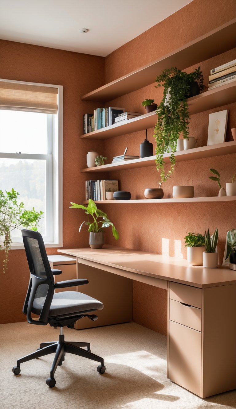 A modern home office featuring a light brown desk and a black ergonomic chair. The walls are painted in a warm orange hue, and there are shelves filled with books and decorative plants. Natural light streams in through a window, illuminating the room.