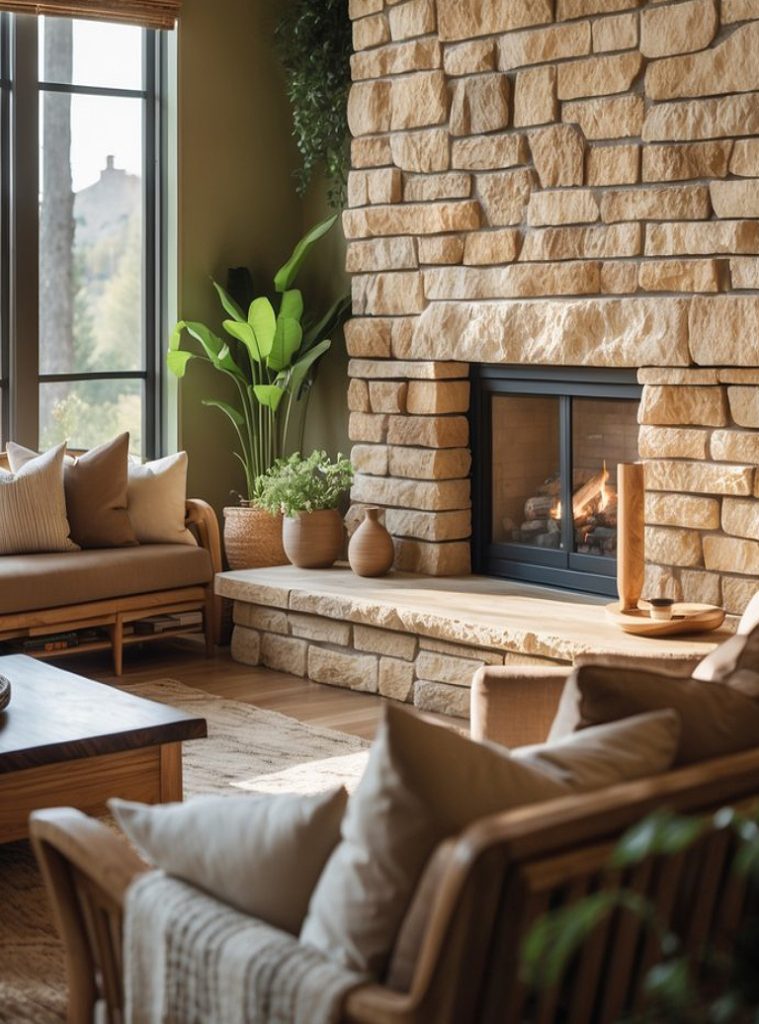 A cozy living room with a large stone fireplace, wooden furniture, and several plush pillows, complemented by a tall green plant in the corner and natural light streaming in from large windows.