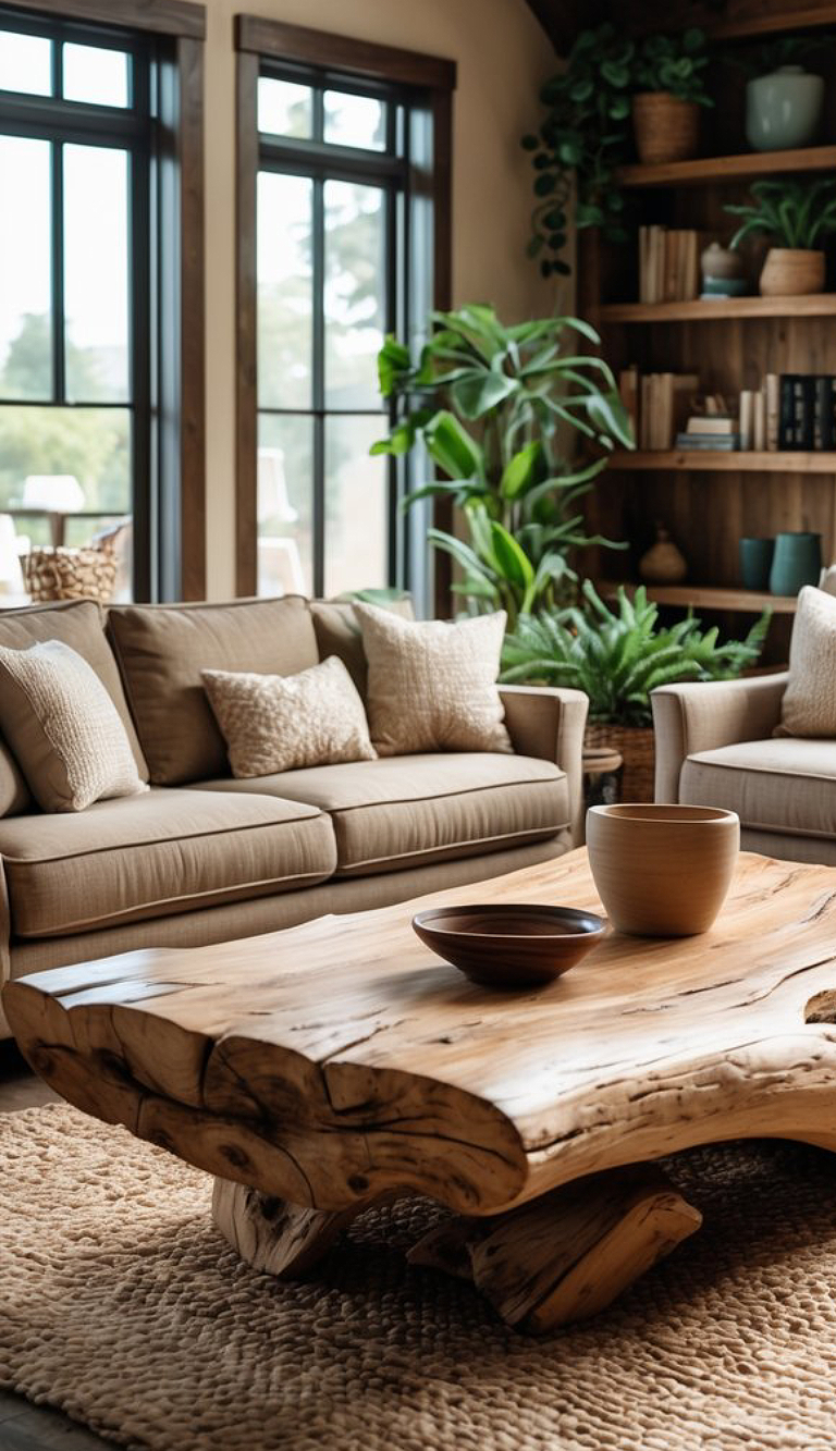 A cozy living room featuring a large, rustic wood coffee table with natural grain patterns, surrounded by beige sofas adorned with textured cushions. Tall windows provide natural light, and there are various indoor plants in the background, along with a wooden bookshelf filled with books and decorative items.