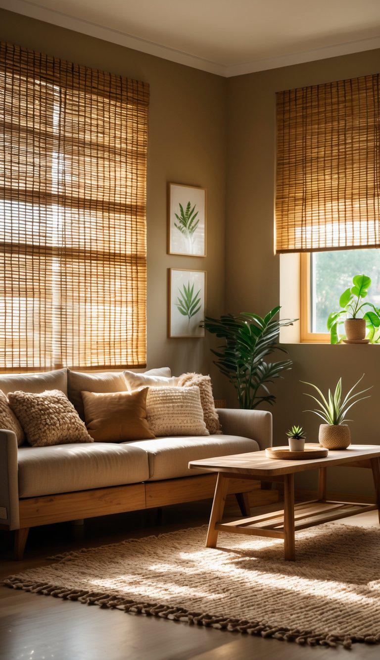 A cozy living room featuring a beige couch adorned with various textured pillows, a wooden coffee table with plants on it, and large windows dressed with bamboo shades that allow warm light to filter in, creating an inviting atmosphere. Two botanical prints hang on the wall, and a leafy plant is positioned beside the window.
