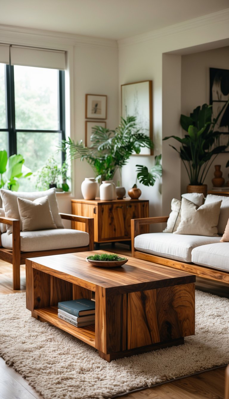 A cozy living room featuring wooden furniture with light-colored cushions, a coffee table made of wood with a small green plant on it, and various indoor plants in the background. The room has large windows letting in natural light, and soft, textured carpeting on the floor.