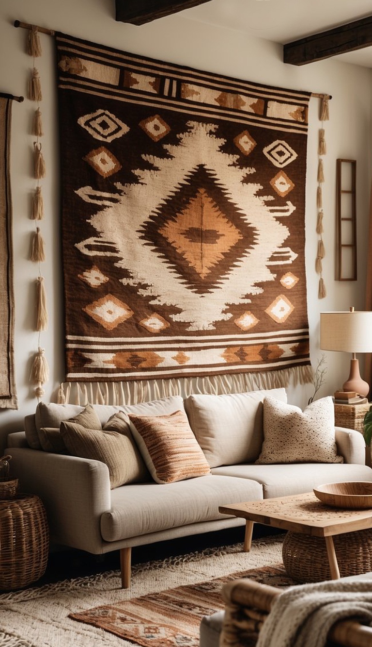 A cozy living room featuring a large woven wall hanging with geometric designs in brown and cream tones, above a light beige sofa adorned with assorted textured pillows. A round wooden coffee table sits in front, surrounded by a woven basket and a patterned area rug.