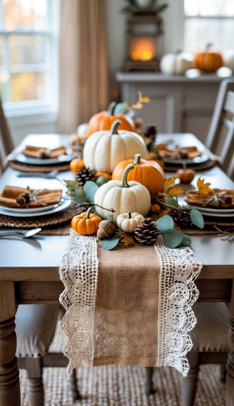 A beautifully arranged dining table set for fall, featuring white and orange pumpkins, pinecones, and decorative leaves along a burlap and lace table runner, with plates and folded napkins at each place setting.