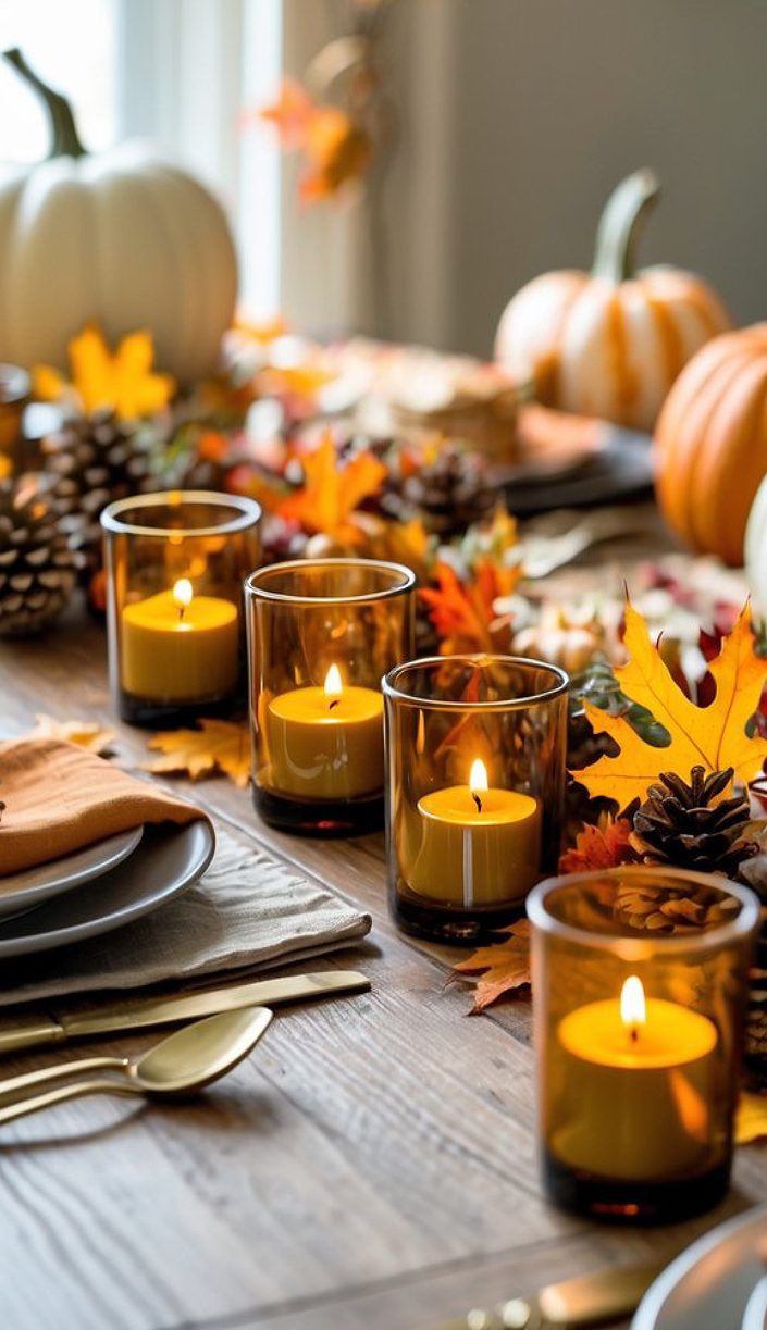 A beautifully arranged dining table featuring golden cutlery, white and orange pumpkins, pine cones, and autumn leaves. Multiple candles in glass holders illuminate the setting, creating a warm and inviting atmosphere.
