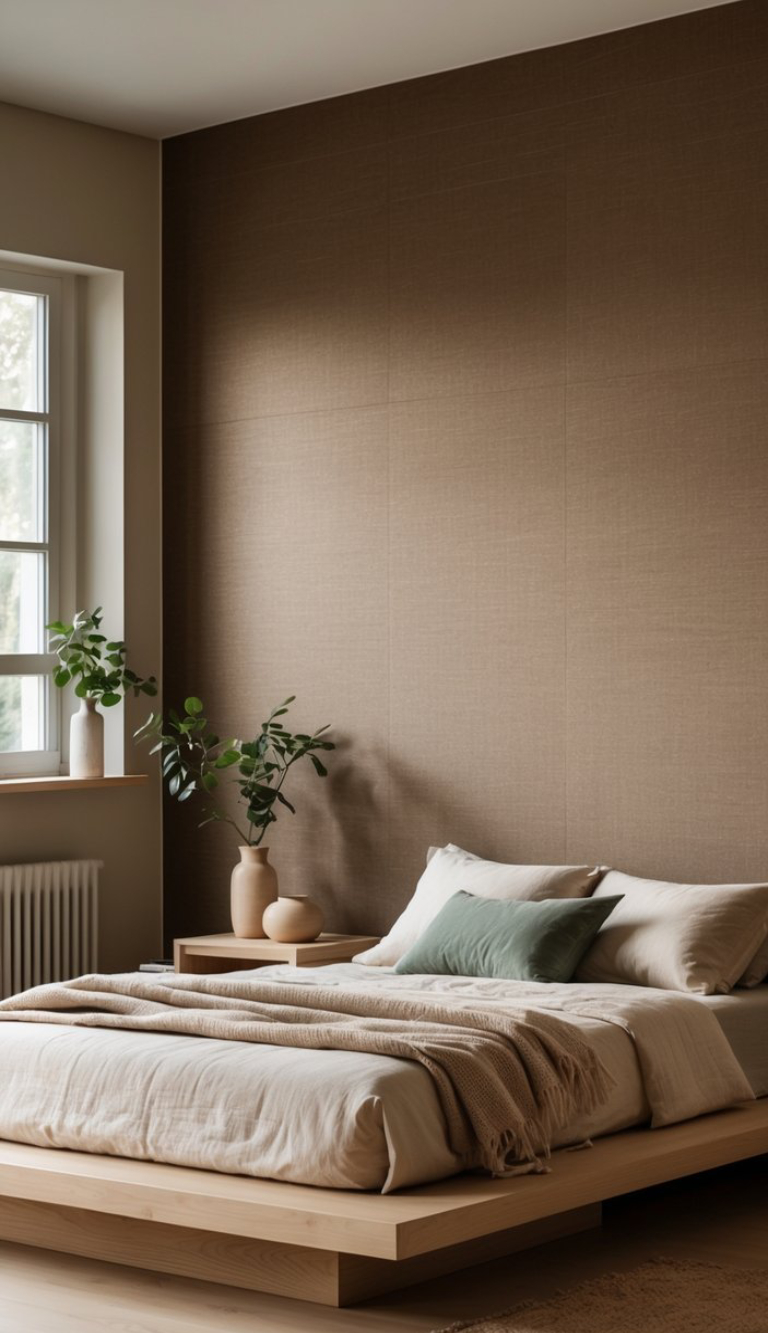 A cozy bedroom featuring a low wooden bed with neutral-colored bedding and a green accent pillow, accompanied by a bedside table holding a decorative vase. The wall behind is a textured brown, and a large window lets in natural light, with potted plants on the windowsill.