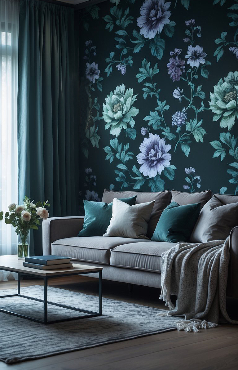 A cozy living room featuring a large gray sofa adorned with pillows in various shades of blue and green. A decorative throw blanket is draped over the arm of the sofa. In front, a low wooden coffee table holds a few stacked books. To the side, a vase with fresh flowers adds a touch of color. The backdrop features a dark floral wallpaper with large flowers and greenery, while soft natural light filters through sheer curtains.