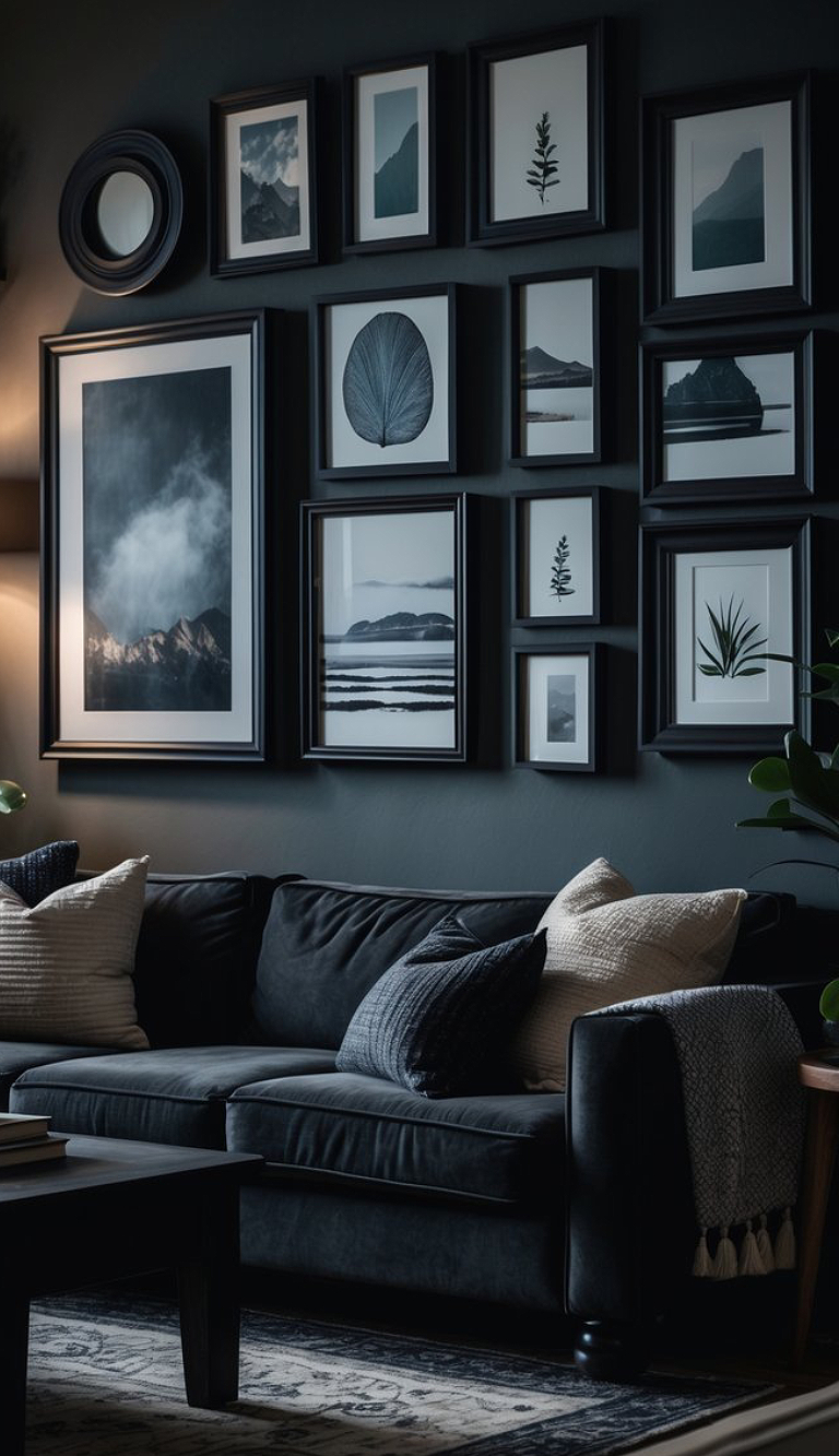 A stylish living room featuring a black sofa with textured pillows, adjacent to a wall adorned with various black-framed artworks depicting nature and abstract designs. A side table with a plant is visible in the corner.