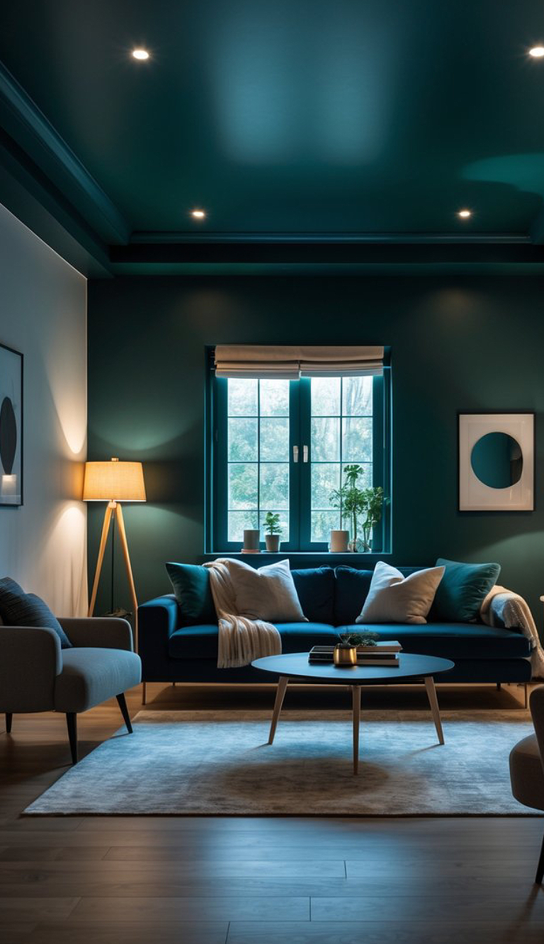 A cozy modern living room featuring a deep teal wall and ceiling, with a dark blue sofa adorned with light-colored throw pillows and a knitted blanket. A round coffee table sits in front of the sofa, topped with a small plant and a decorative item. A gray armchair is positioned next to the sofa, and a floor lamp emits warm light. The room has a large window with light beige blinds, revealing green plants outside.